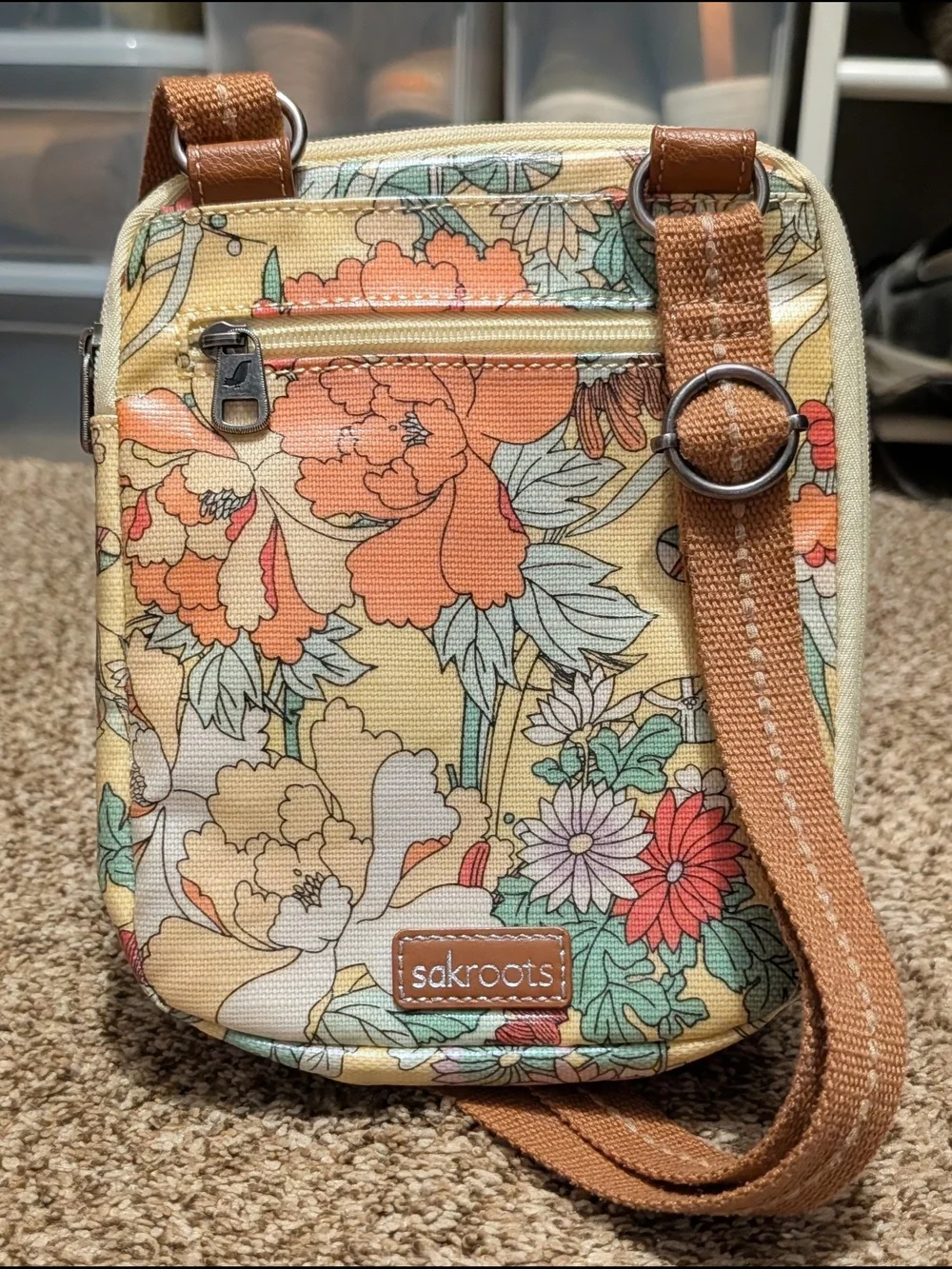 Sakroots Yellow Floral Crossbody with Brown Strap
